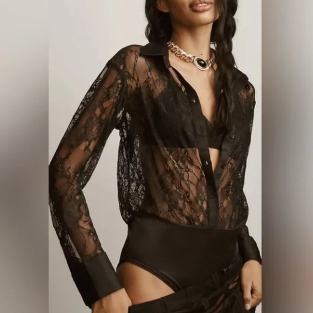 Anthropologie Black Lace Button Front Bodysuit Satin Trim Long Sleeve S - Picture 2 of 7